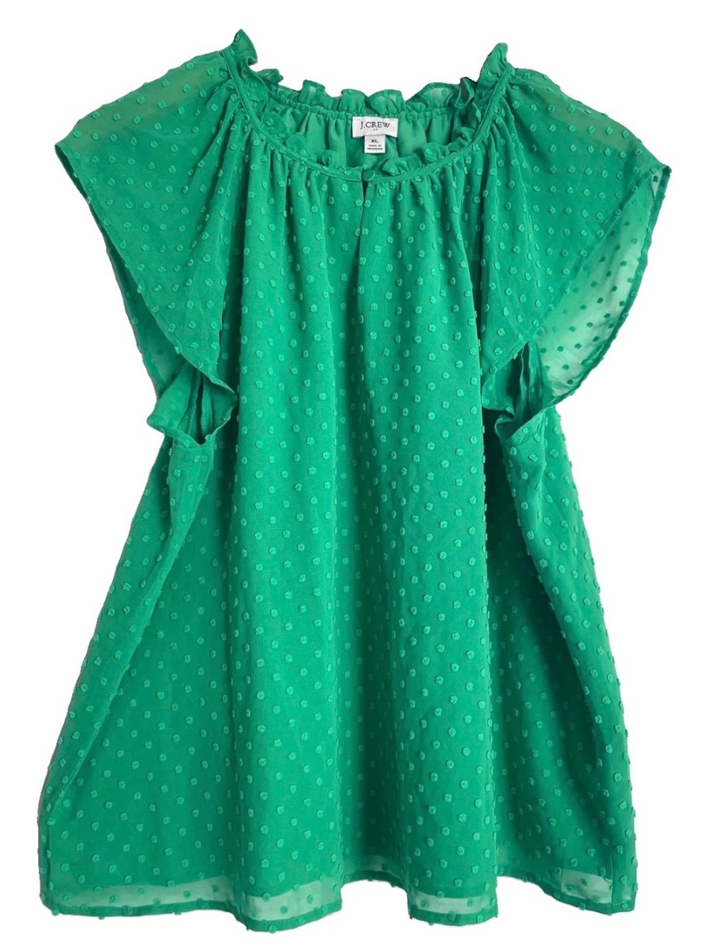 J.Crew Green Clip Dot Ruffle Neck Cap Flutter Sleeve Top BY034 SZ XL FLOWY
